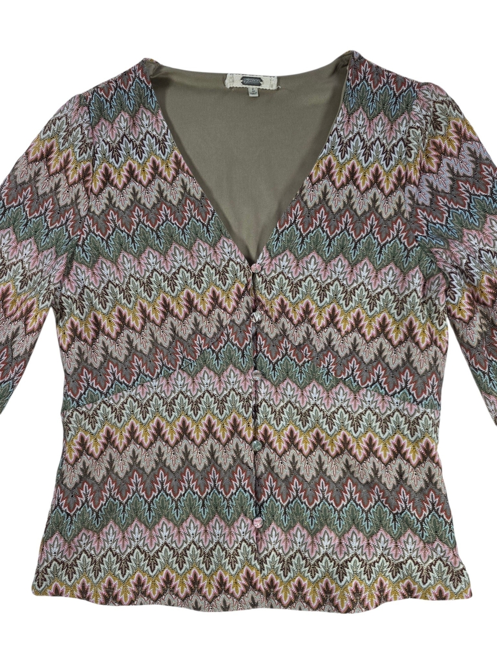 GIMMICKS BY BKE V-Neck Lace Knit Long Sleeve Top Large Multicolor Chevron Boho